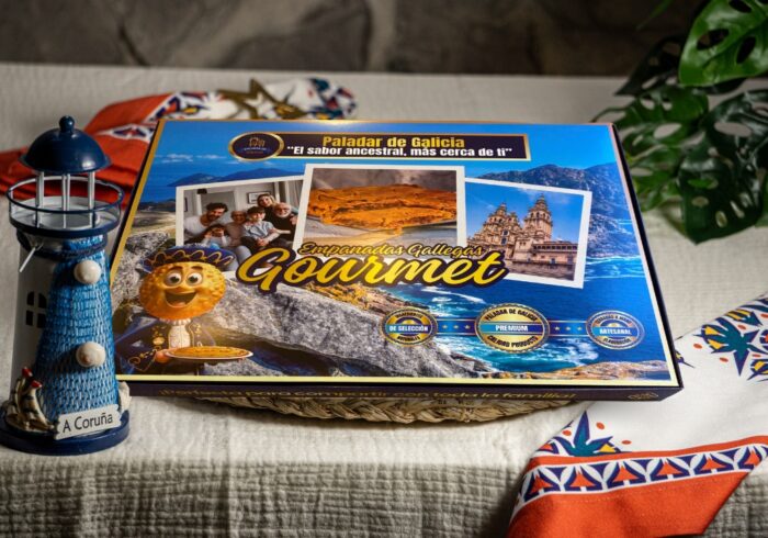 Caja de empanada gallega Gourmet Paladar de Galicia, packaging con diseño gallego